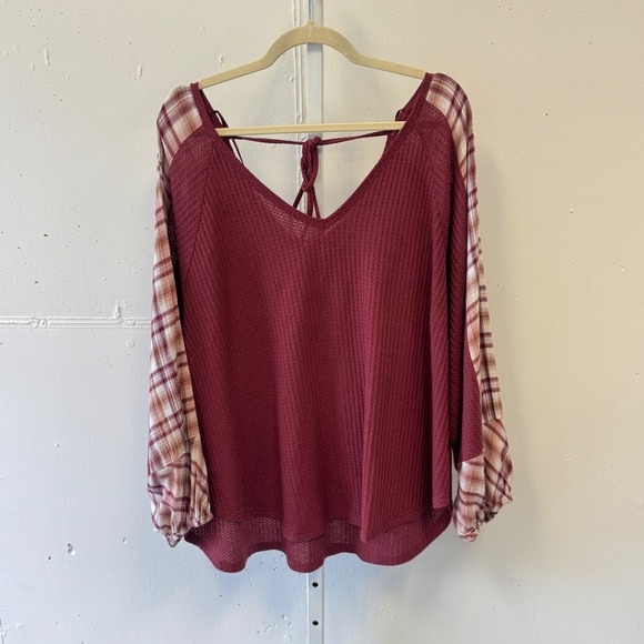 Acoa Tops - ACOA Burgundy Waffle Knit Plaid Balloon Sleeve Tie Back Top Plus Size 1X Relaxed